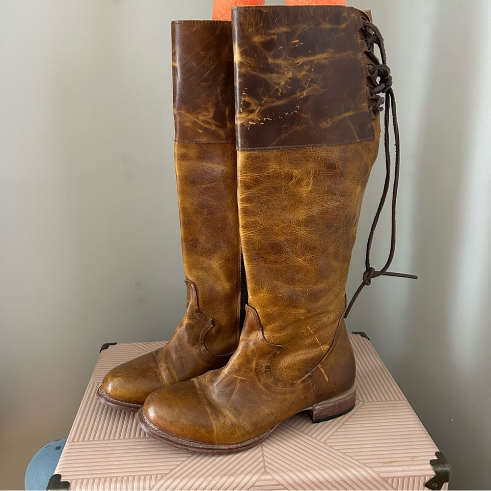 Freebird by Steven Boots Leather Tall Cognac Distressed Lace Up Casual Neutral